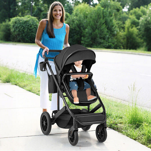 3-in-1 Folding Convertible Newborn Stroller with Detachable Bassinet-Black-0