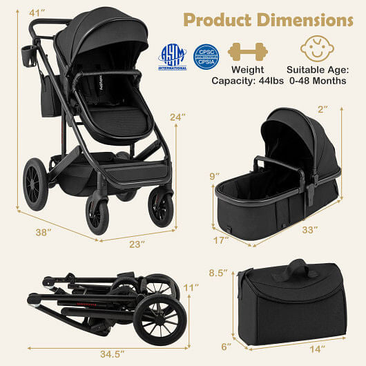 3-in-1 Folding Convertible Newborn Stroller with Detachable Bassinet-Black-1