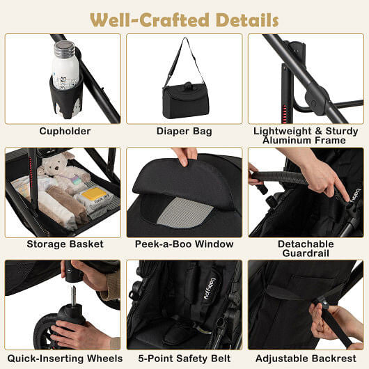3-in-1 Folding Convertible Newborn Stroller with Detachable Bassinet-Black-2