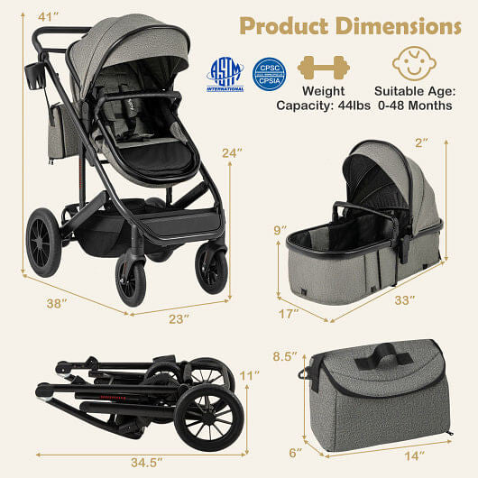 3-in-1 Folding Convertible Newborn Stroller with Detachable Bassinet-Black-6