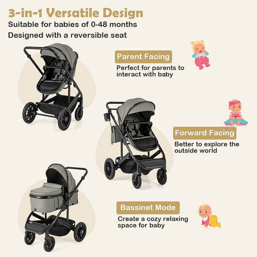 3-in-1 Folding Convertible Newborn Stroller with Detachable Bassinet-Black-8