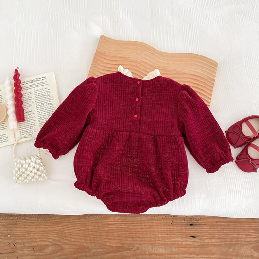 Autumn and Winter Arrival Baby Girls Long Sleeves Ruffle Neck Cozy Fleece Onesies Bodysuits